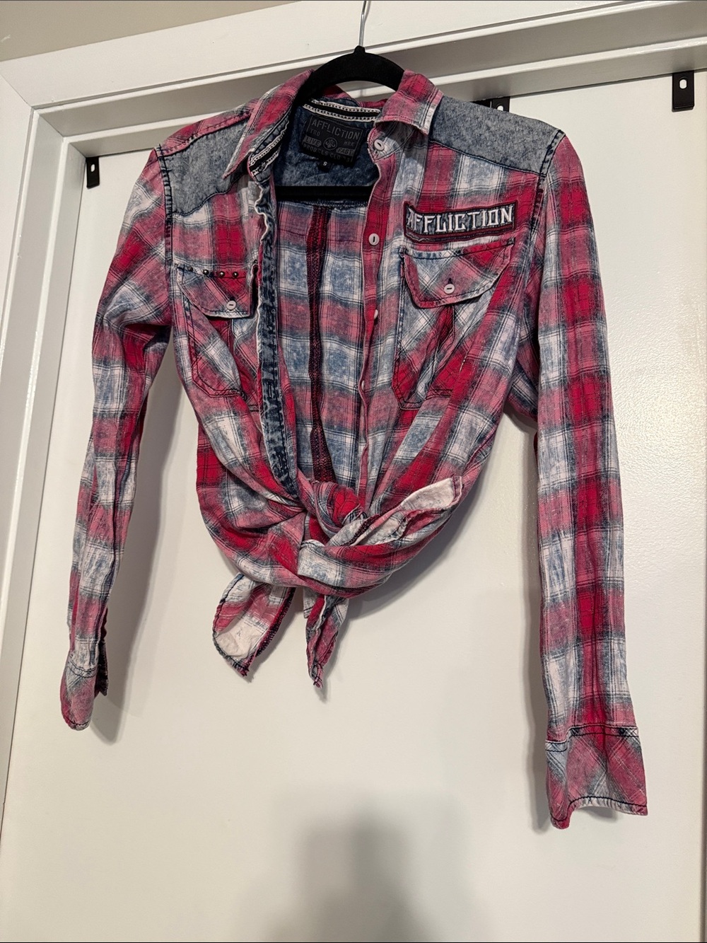 Affliction Red & Navy Distressed Plaid Button-Down Shirt - Picture 5 of 6